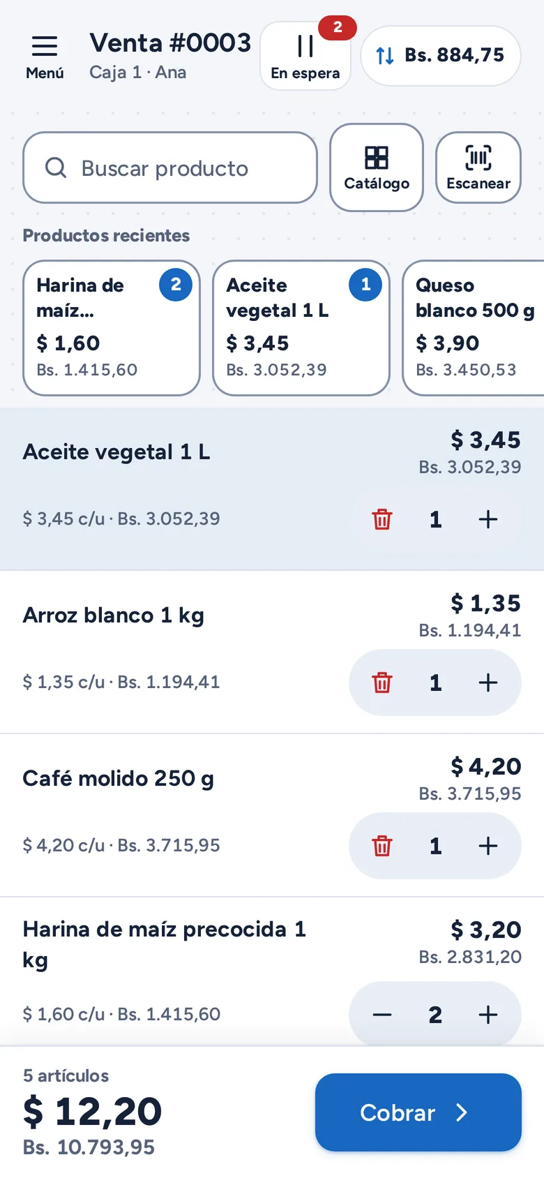 Pantalla Vender de Kobrate con cuatro productos en la venta y el total de $ 12,20 (Bs. 10.793,95)